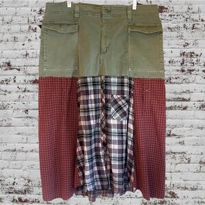 Upcycled cargo and pieced flannel shirt skirt